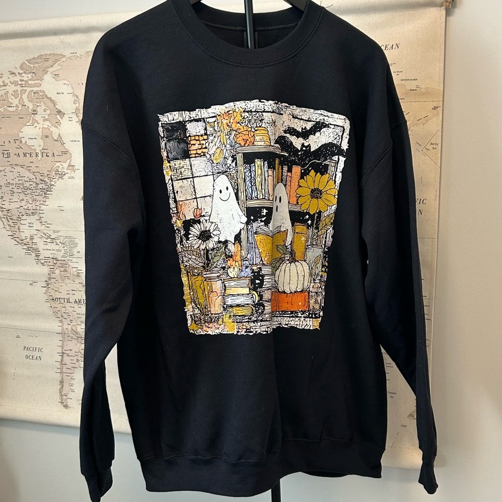 Black Ghosts & Books Graphic Sweatshirt XL | Cozy Fall Spooky NWT- No Tags - Picture 2 of 6